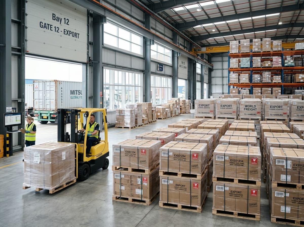Organized international export warehouse facility with palletized cargo ready for dispatch