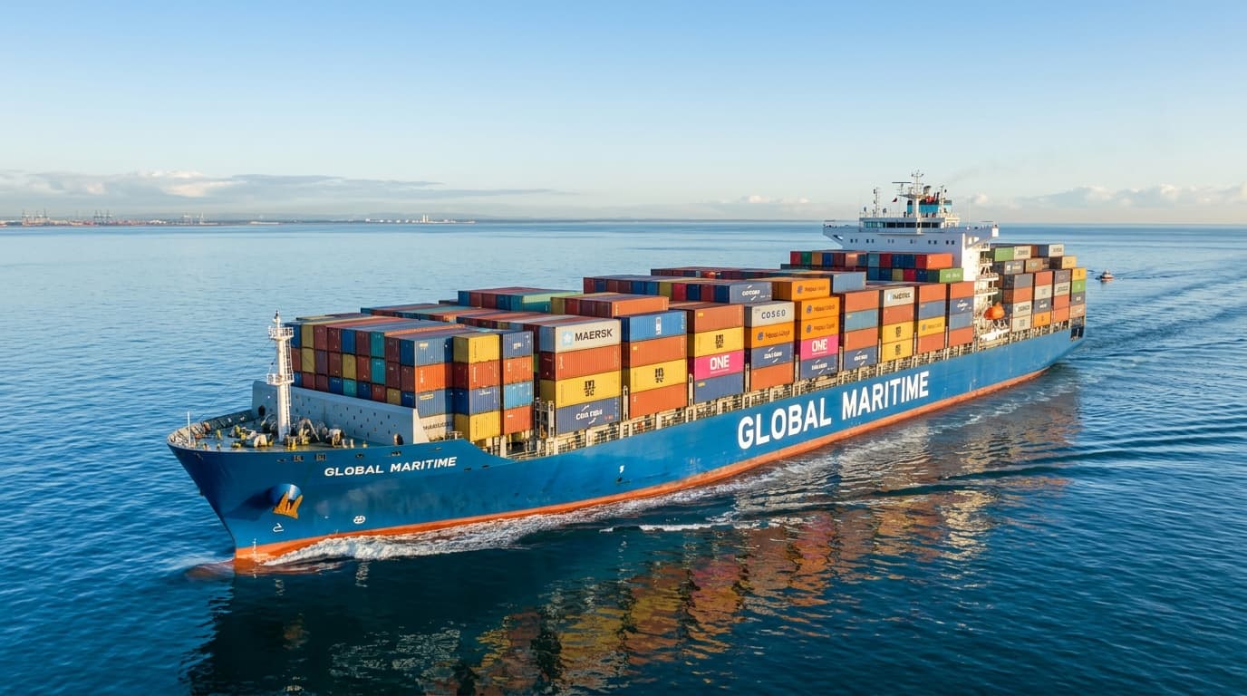 Commercial cargo container ship navigating international ocean trade routes