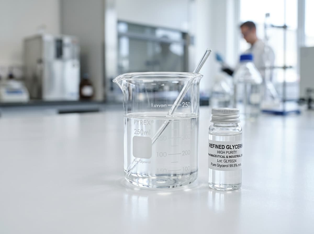 Sample of clear refined glycerin in laboratory glassware