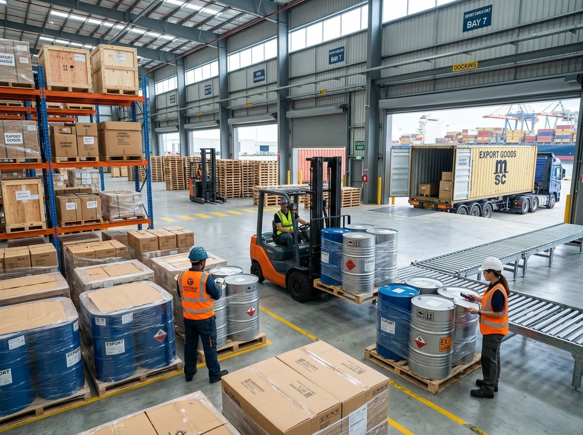 International export warehouse team inspecting commercial chemical drum cargo and container dispatch
